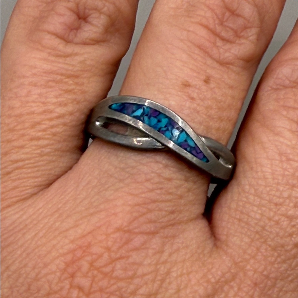Vintage Southwestern Silver Tone Turquoise Blue Inlay Statement Ring Size 9.5 - Picture 1 of 3